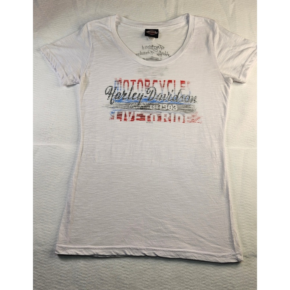 Harley-Davidson Womens White Rhinestone Live To Ride Graphic T-Shirt Large GA